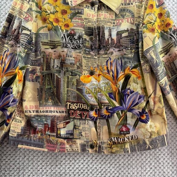 VTG Impulse California Jacket Women M Yellow Cityscape Button Front Long Sleeve - Picture 4 of 12